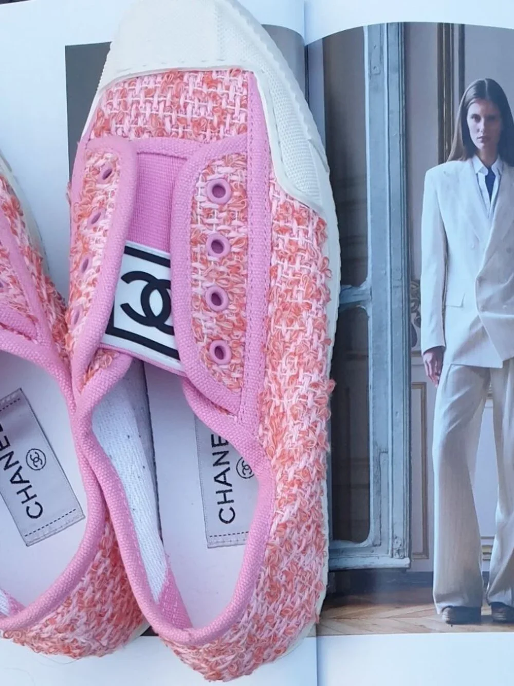 Chanel Tweed Pink Sneaker Fashion Women Girls Casual Everyday Shoes Size 6.5